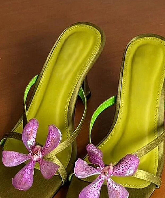 Slide Heels Floral Green High Toe Sandals Splicing Peep