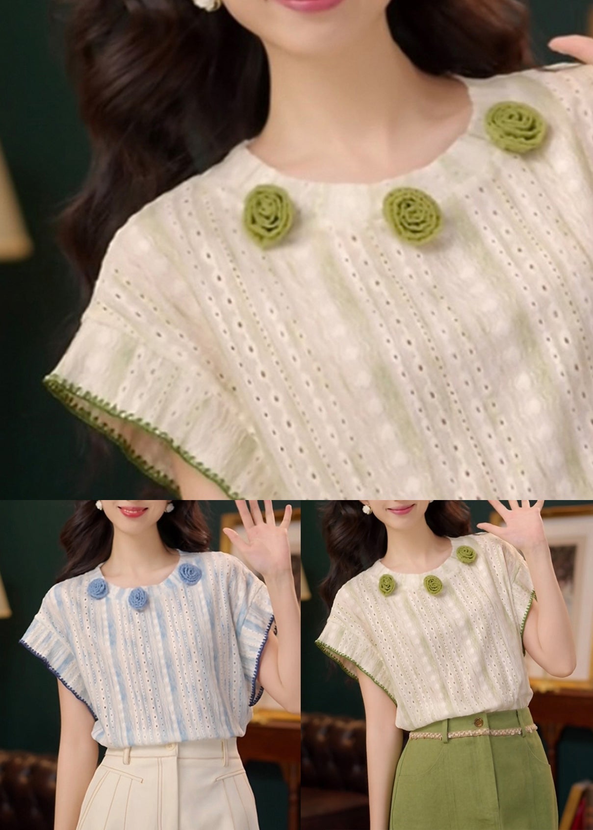 Cotton Neck Summer O Out Shirts Hollow T Green Striped