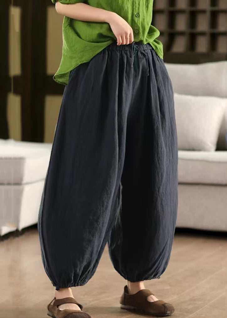 Waist Crop Pants Linen Elastic Green Solid Summer LaceUp