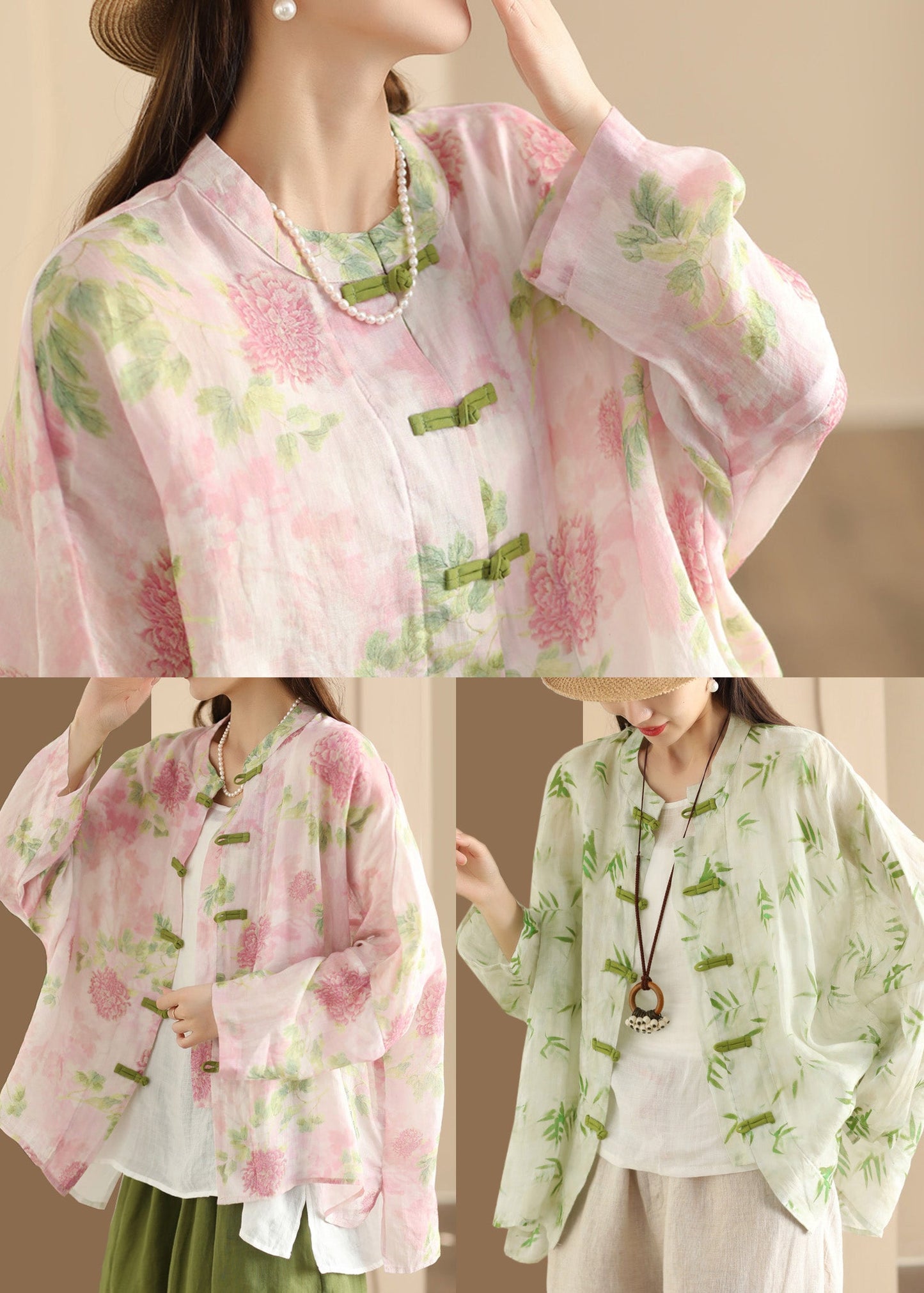 Button Chinese Oversized Blouses Summer Green Print Linen