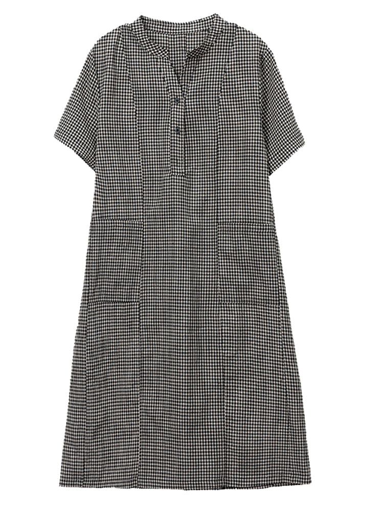 Collar Stand Grey Dresses Summer Linen Plaid Mid