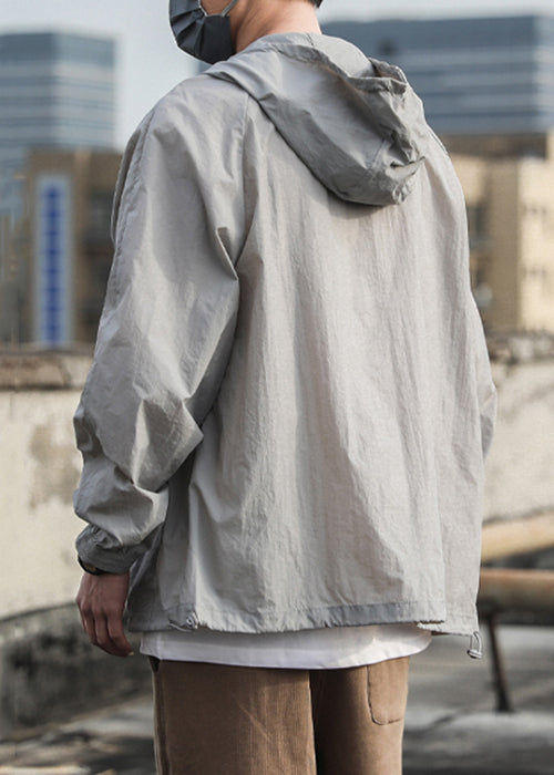Summer Hooded Grey UPF Pockets Mens Coat Drawstring 50+