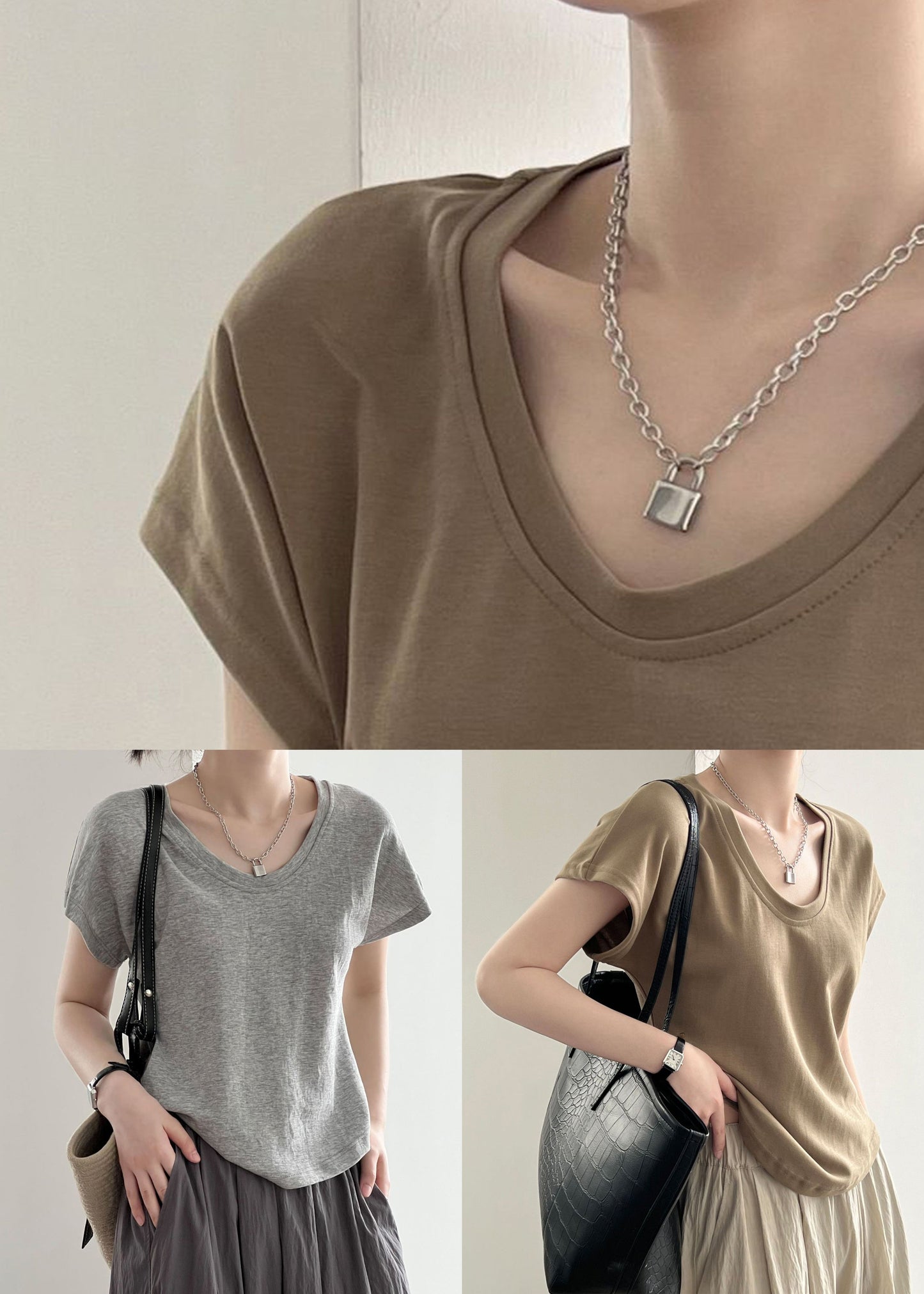Grey Solid Cotton T Shirt Top O Neck Short Sleeve YH032