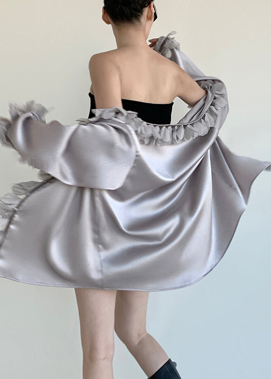 Neck Loose V Solid Cotton Grey Petal Sleeve Blouses