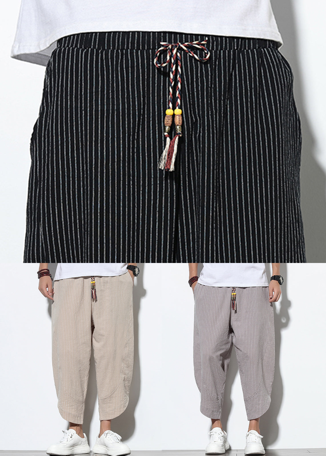 Crop Men Cotton Pockets Grey Elastic Summer Waist Pants Striped