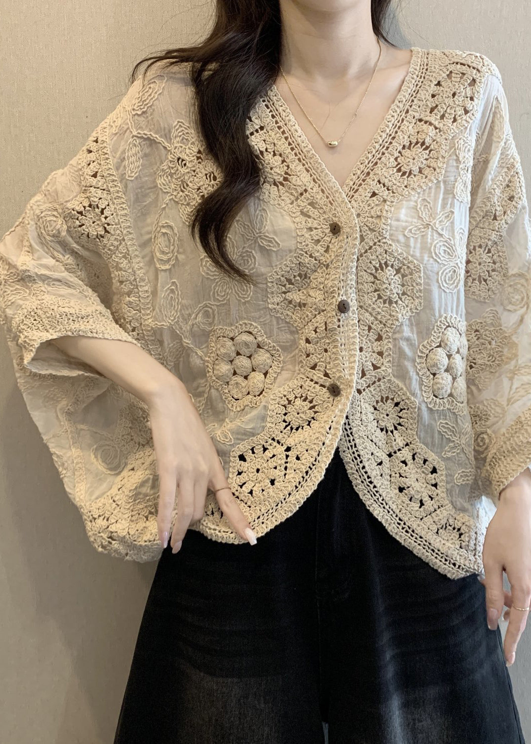 Button V Apricot Hollow Neck Handmade Spring Cardigan Out