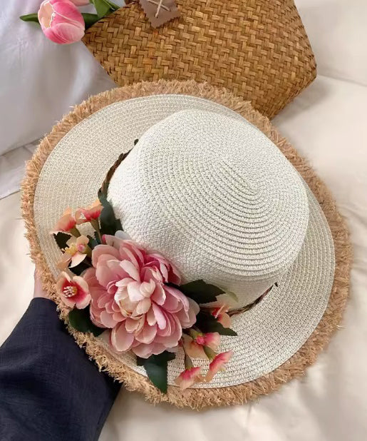 Beige French Handmade Straw Woven Hat Cloche Flower