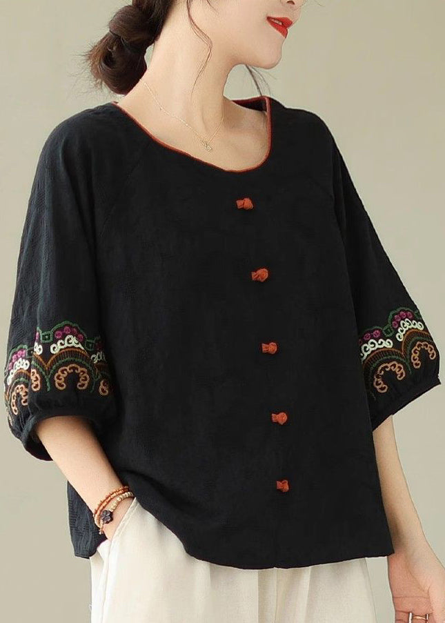 Patchwork Tops Black Embroidere Sleeve Handmade Half