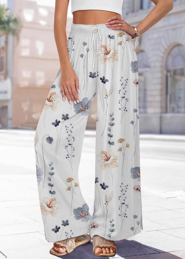 Summer Waist Pants Leg Handmade Print Elastic Blue Wide