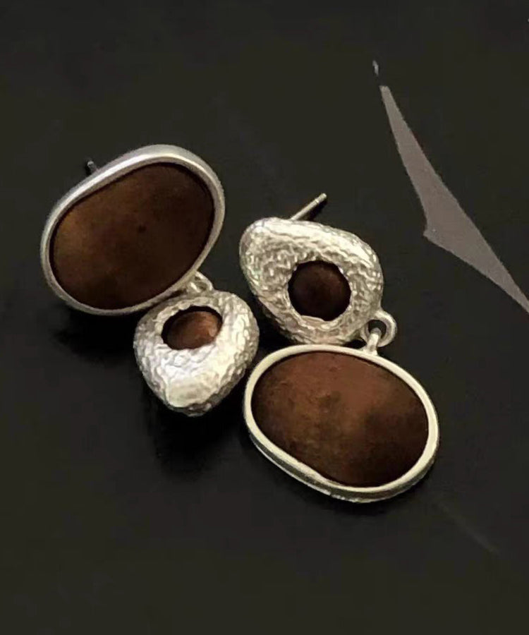 Handmade Asymmetrical Sanding Brown Earrings Sandalwood Drop