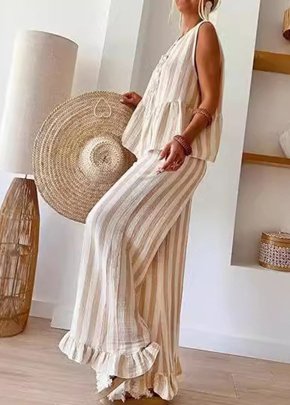 And Striped Leg Summer Pants O-Neck Top Pieces Handmade Camel Two Wide Set
