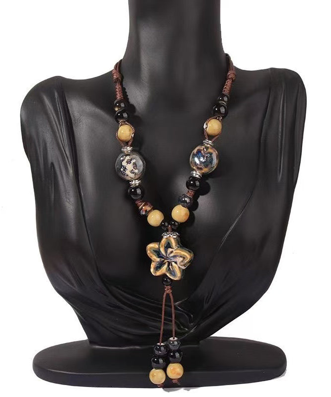 Coffee Alloy Pendant Wax Necklace Ceramic Rope Handmade