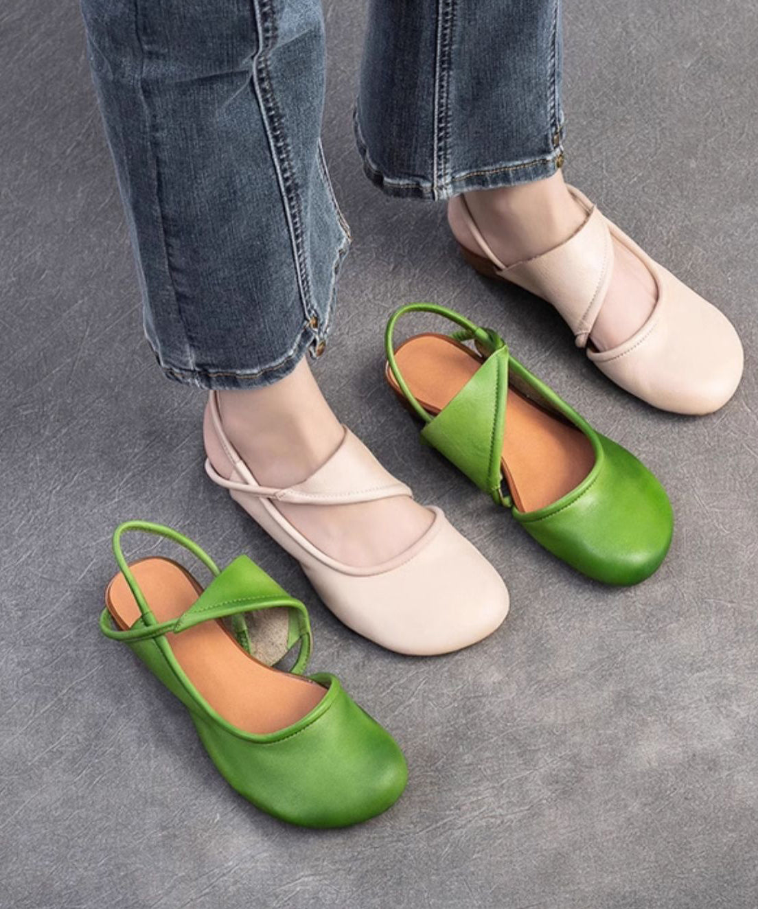 Handmade Green Cowhide Out Leather Splicing Hollow Walking