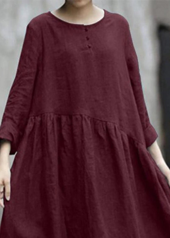 Patchwork Dresses Pockets Robe Handmade Fall O-Neck Red