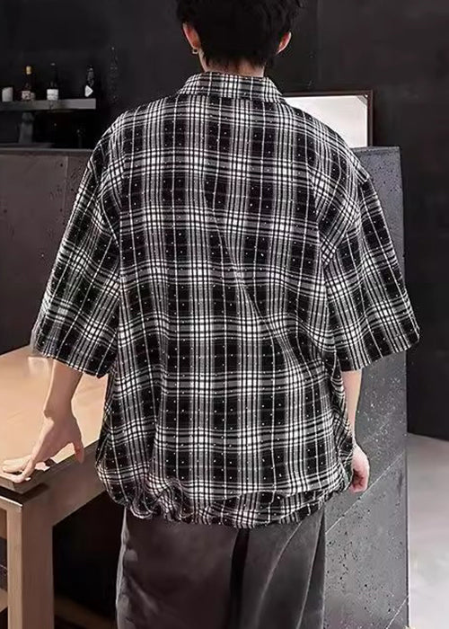 Half Plaid Zircon Men Handmade Red Shirts Zippered Sleeve Cotton