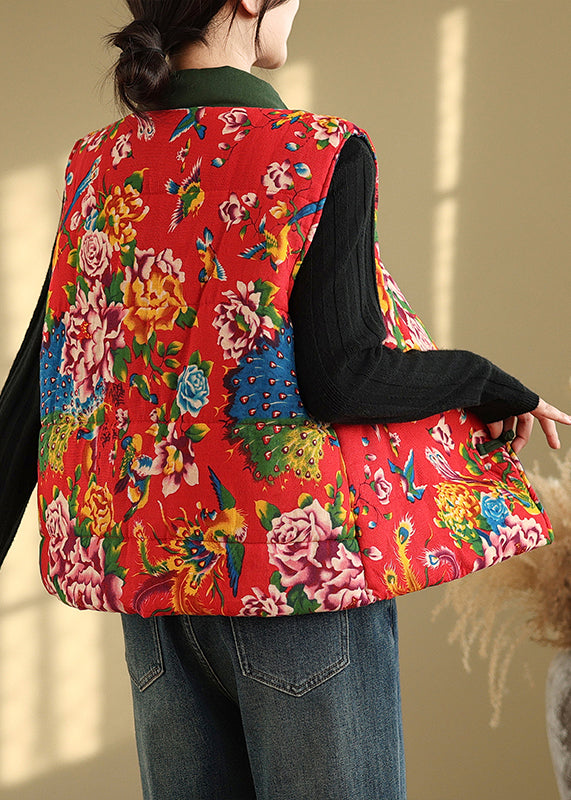 Handmade Red Stand Collar Print Chinese Button Fine Cotton Filled Vest Sleeveless TI020