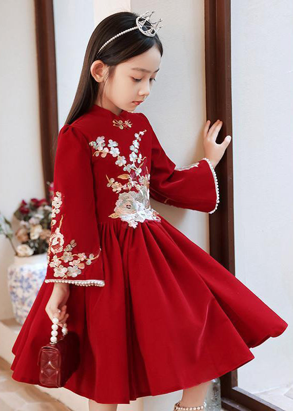 Handmade Dress Collar Spring Red Girls Long Wrinkled Stand