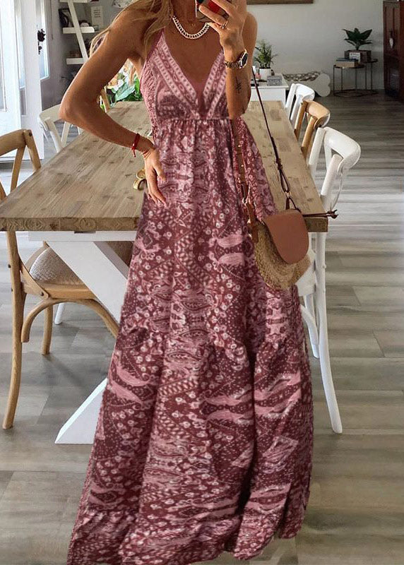 Print Dress Neck Red Summer Strap Cotton V Handmade Spaghetti