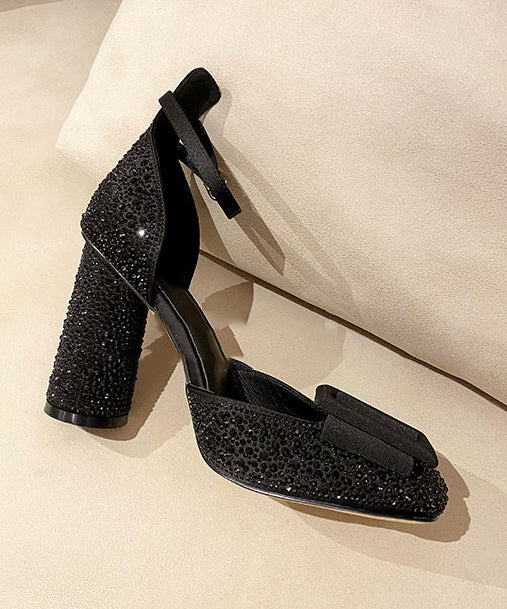 Heel Buckle Zircon Chunky Splicing Strap Sandals Black Handmade