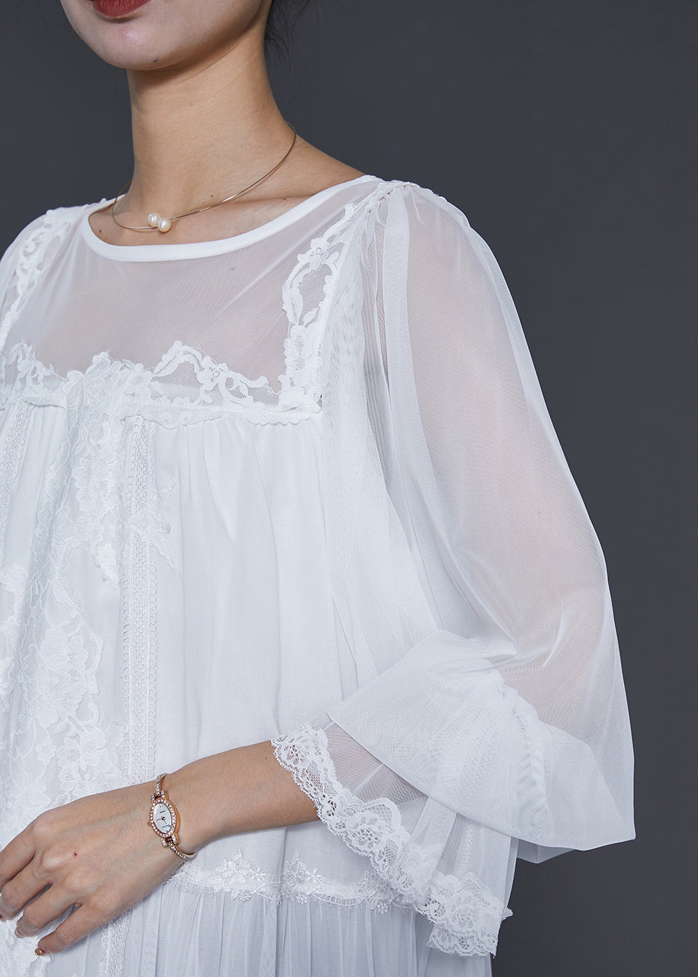 Robe de vacances en tulle et dentelle patchwork surdimensionnée blanche faite à la main, printemps SD1016