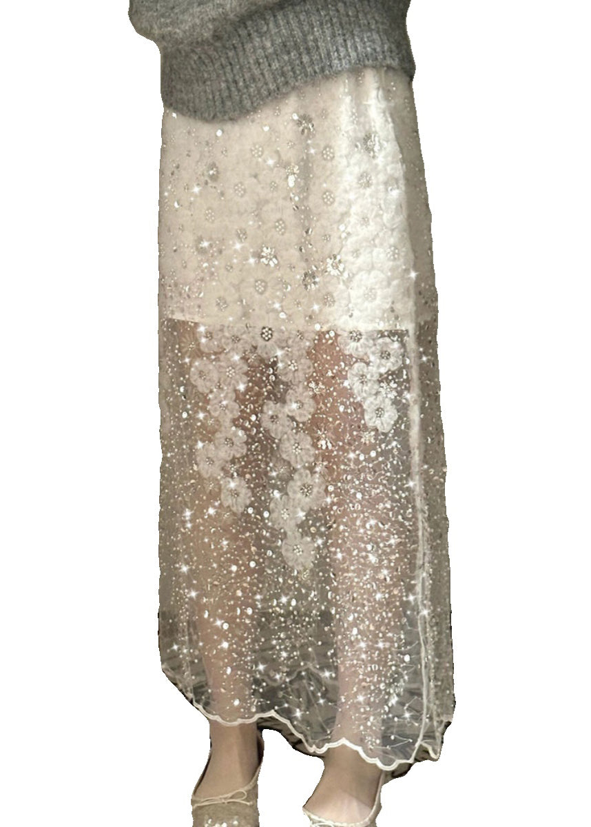 Tulle Nail Bead White Summer Skirt Handmade Sequins