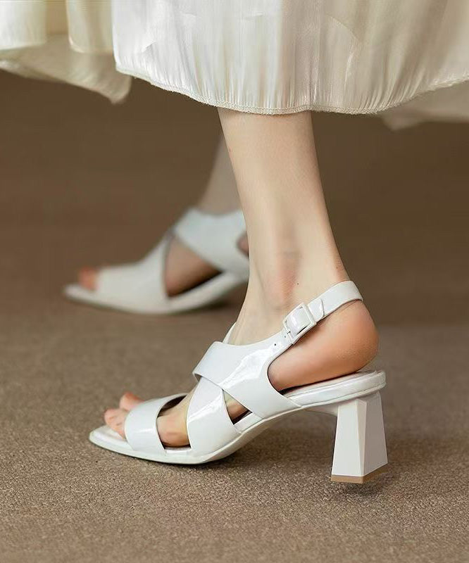 Heel Leather Sandals Splicing Out Faux Chunky Hollow White