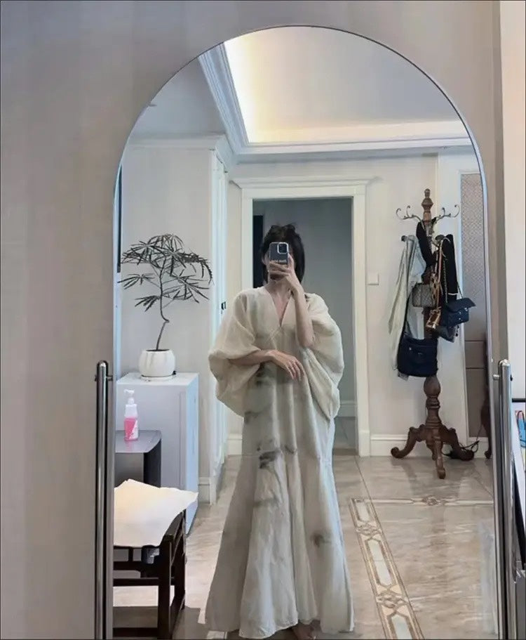 Original Design V-Ausschnitt Print Patchwork Baumwollkleider Laternenärmel WW1001