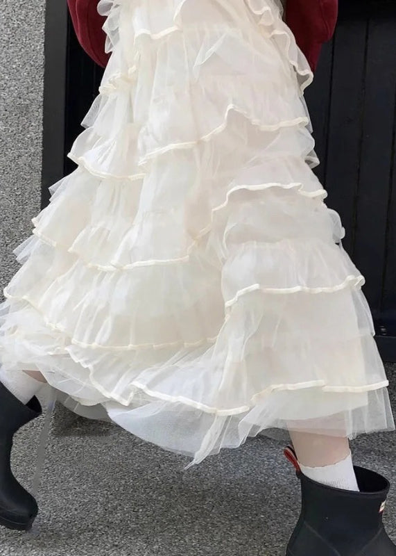 Solid Elastic Italian Tulle Beige Skirts Summer Layered Waist