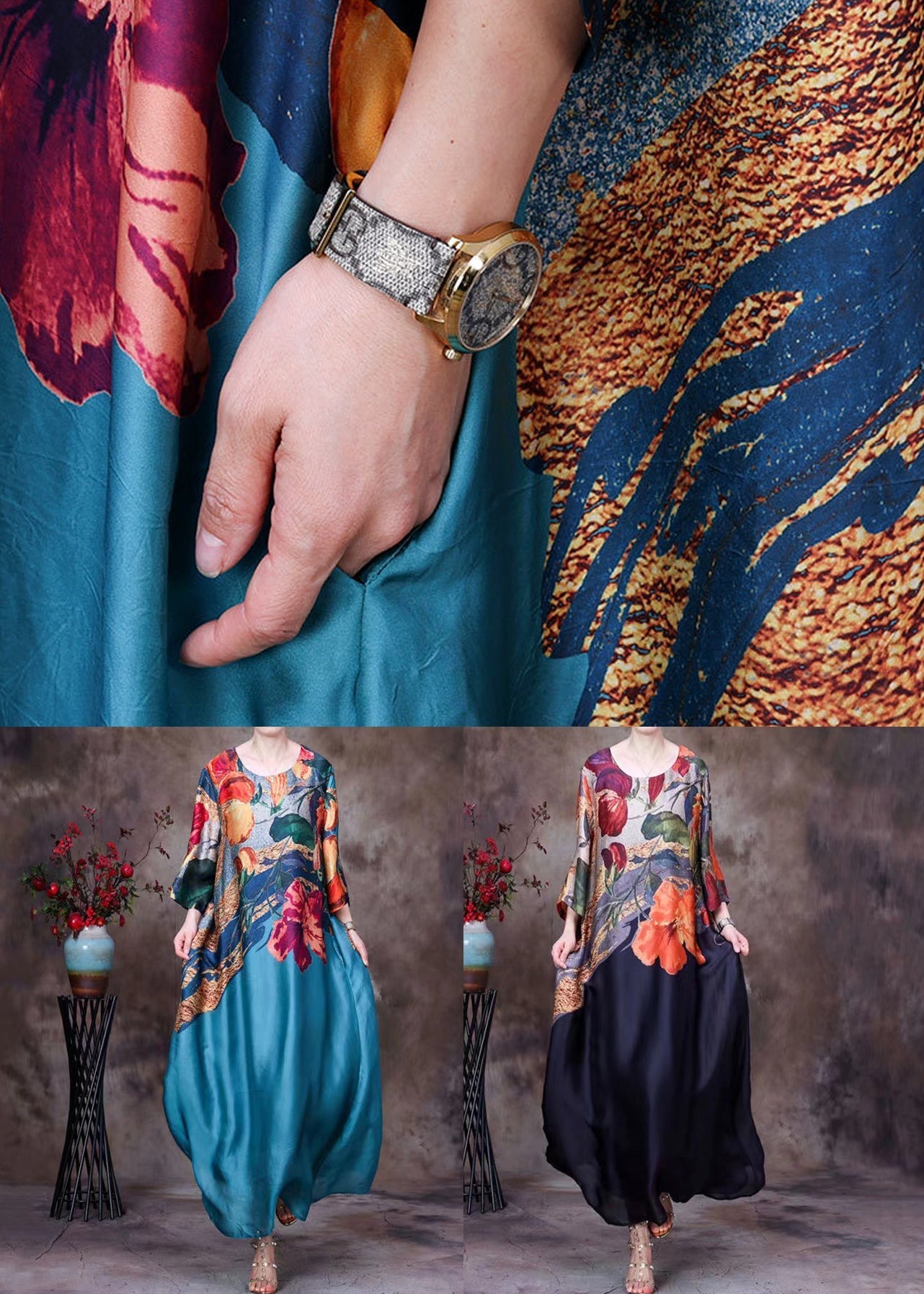 Italienisches schwarzes O-Ausschnitt-Print-Taschen-Seiden-langes Kleid Sommer AA1031