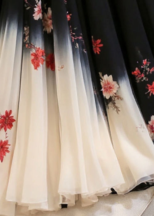 Print Waist Italian Skirts Black Elastic Chiffon Summer