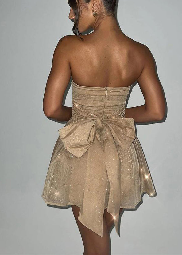 Sequins Summer Mini Khaki Strapless Dresses Italian Tulle