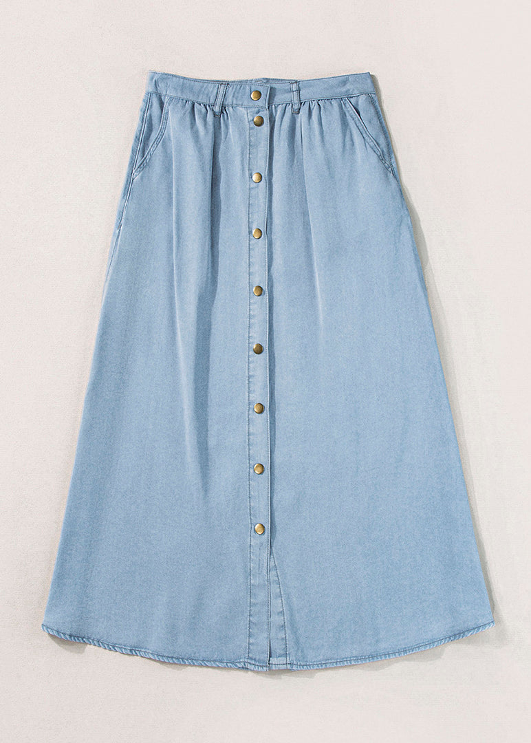 Summer Italian Waist Pockets Skirt Blue Denim High Light