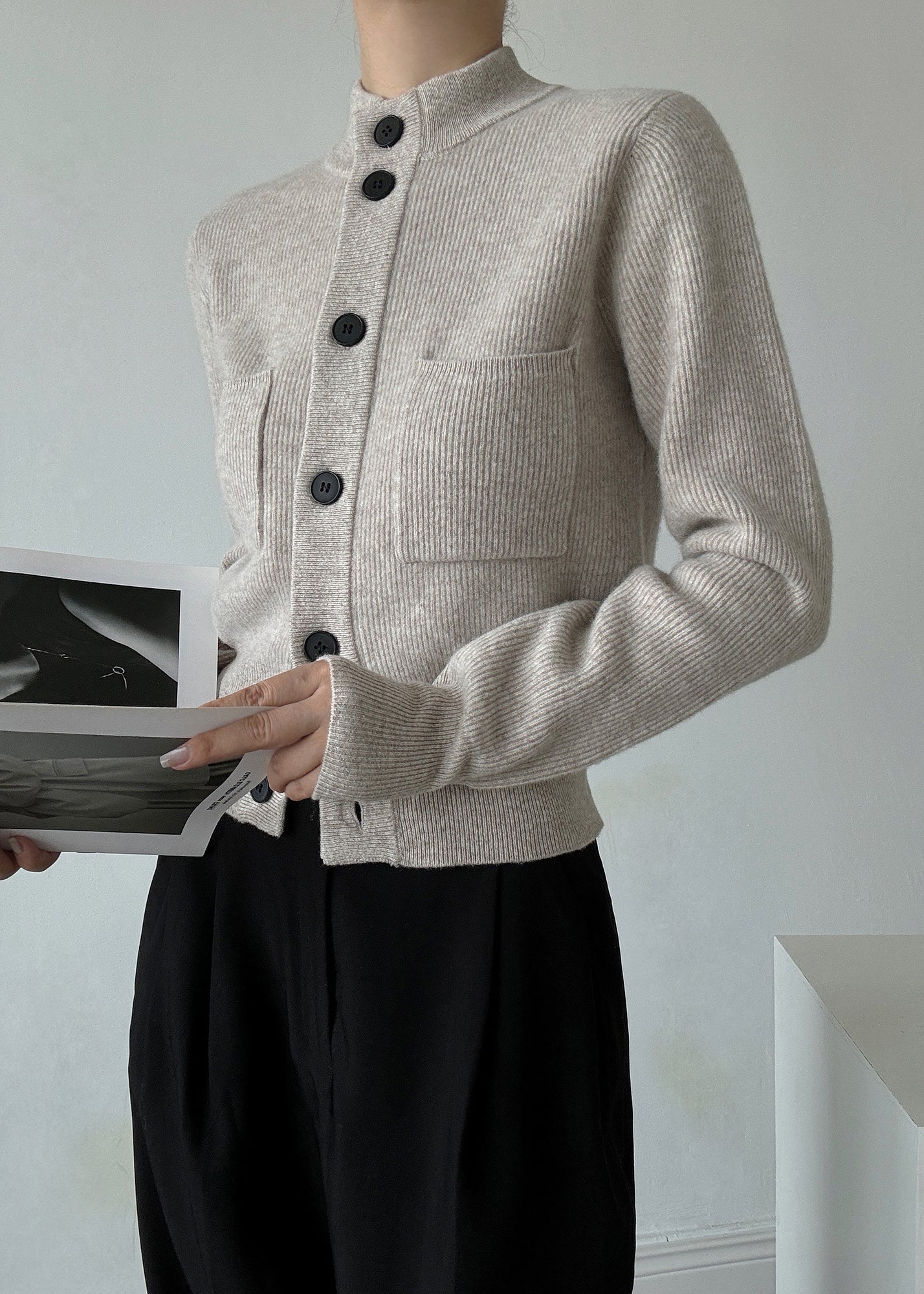 Italian Light Grey Stand Collar Button Wool Cardigans Spring TY026