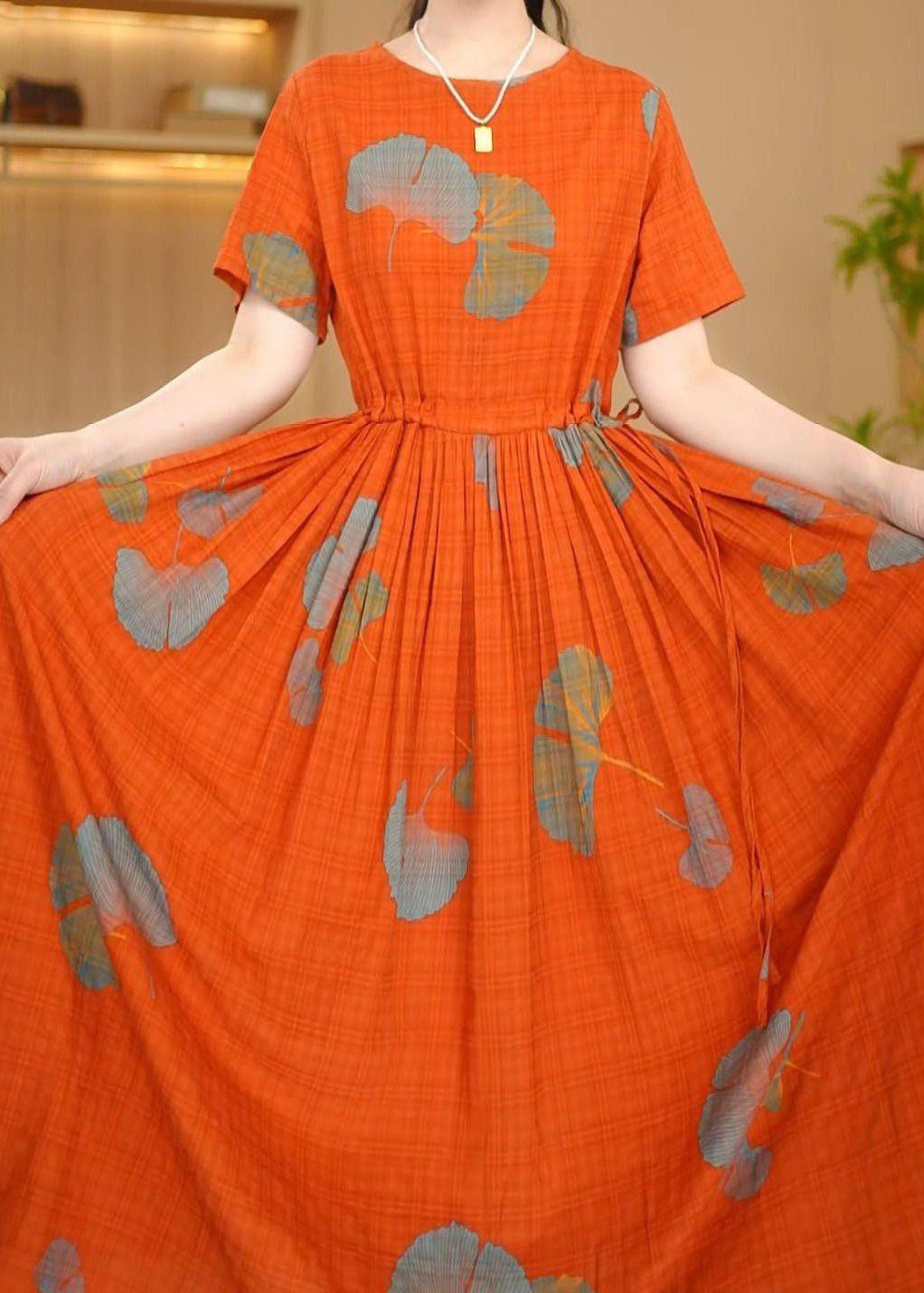 Maxi Cotton Cinched Orange Dresses Print Summer Italian