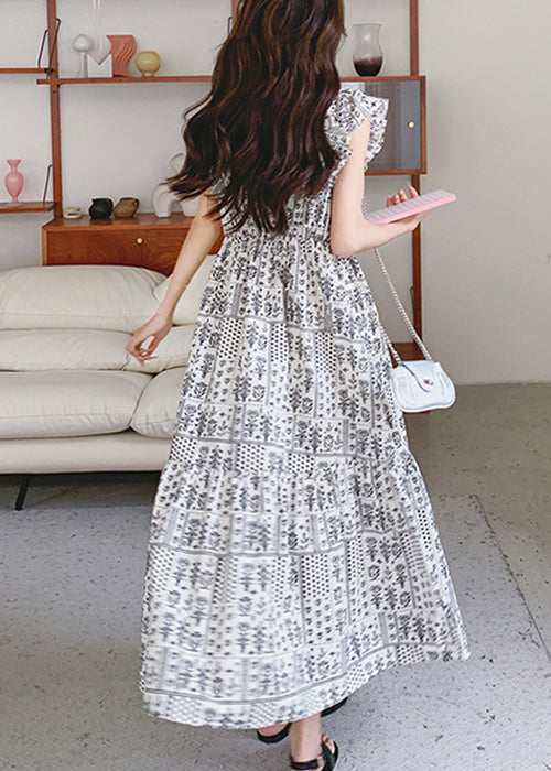 Cotton Long Summer Print Dresses Italian Neck V