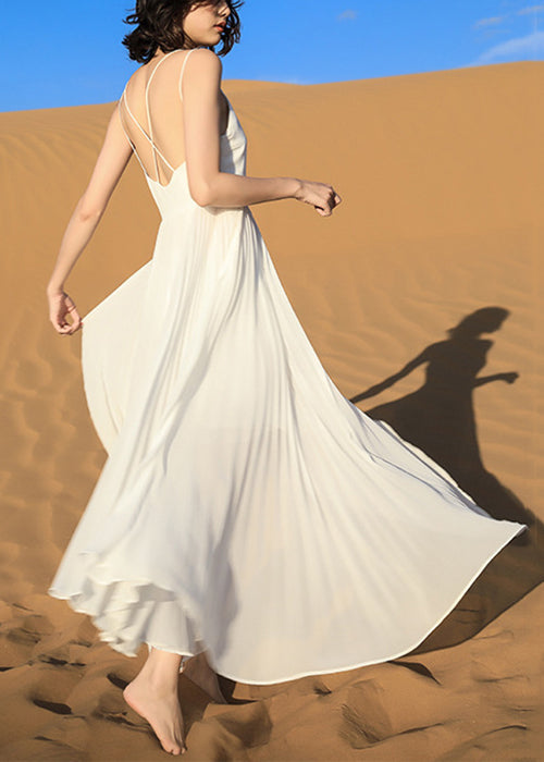 Spaghetti Italian Dress Backless Wrinkled White Strap Chiffon