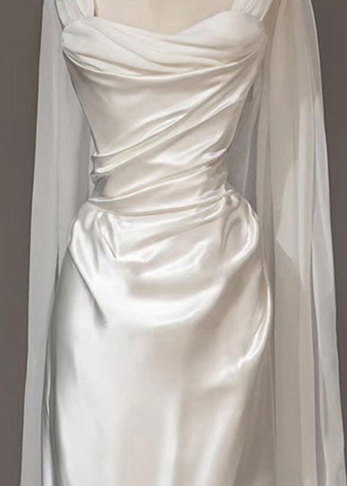 Solid Dress Party Silk Summer White Wrinkled Italian