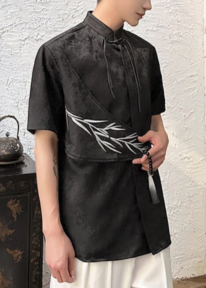 Mens Chinese Button Jacquard Apricot Cotton Shirts Embroideried