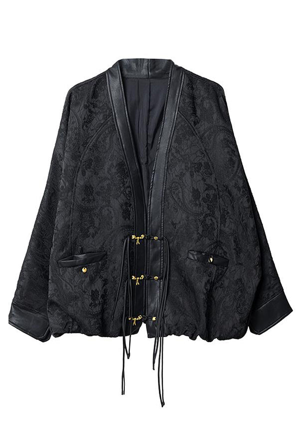 Batwing Black Neck Patchwork Coats Sleeve V Jacquard