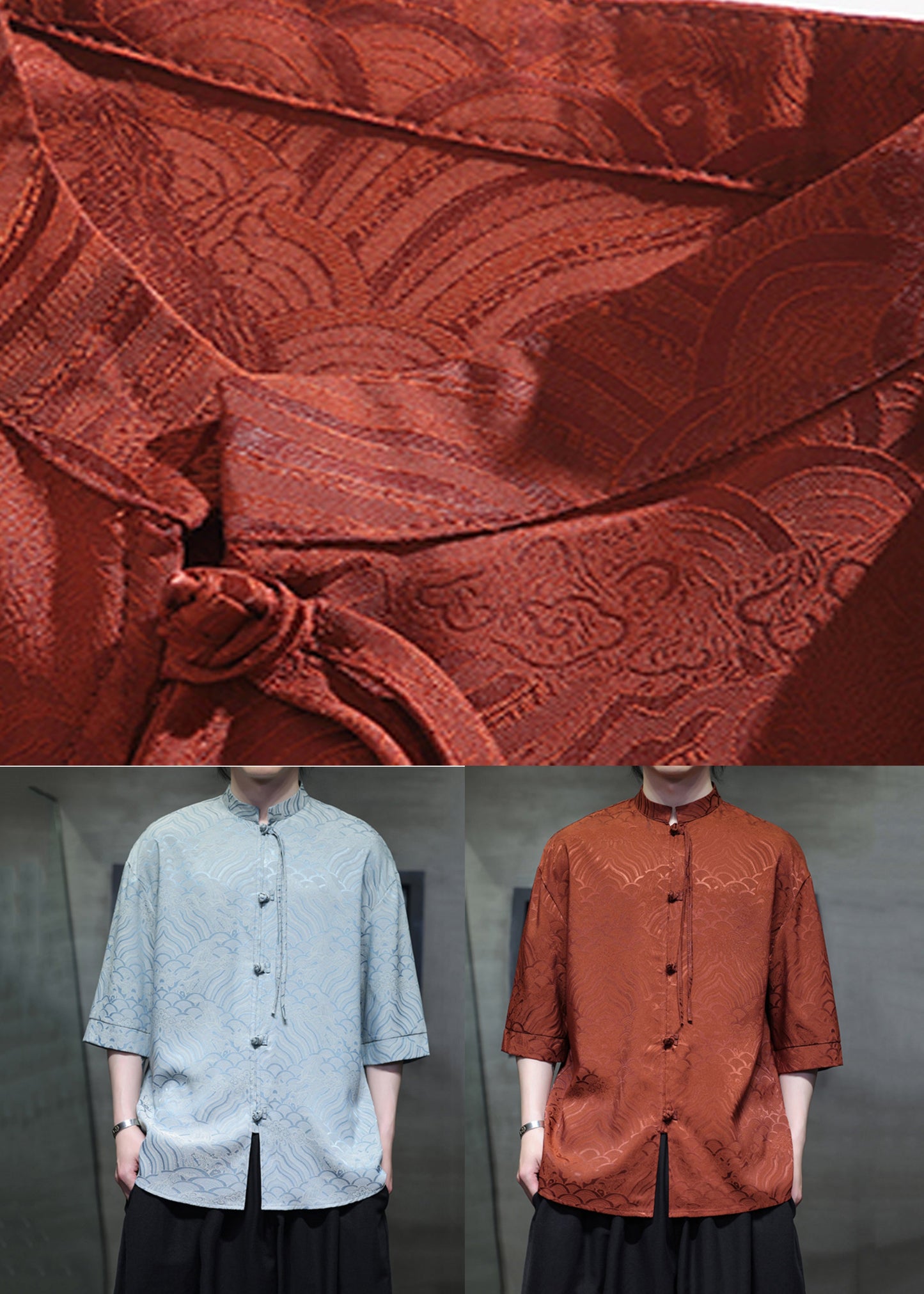 Chemises d'été en soie glacée pour hommes, jacquard orange, col montant, boutons chinois, YT068