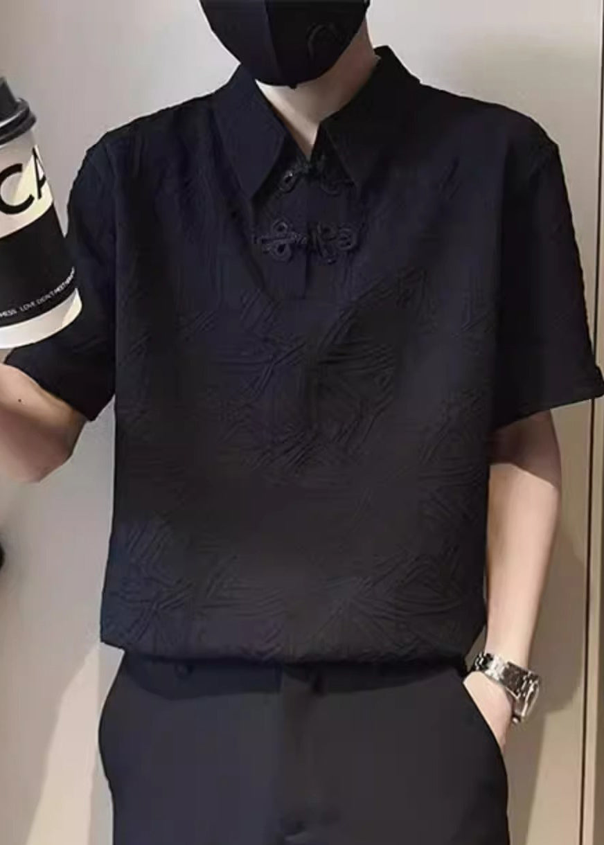 Shirts Polo Chinese Cotton Jacquard Mens Button Solid White