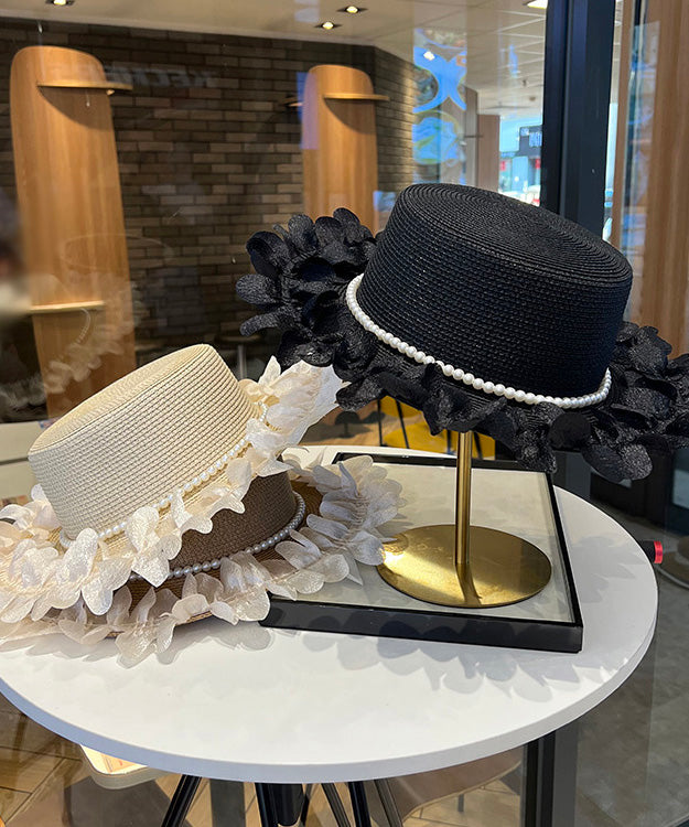 Cloche Elegant Hat Japanese Pearl Black Woven Lace Straw Edge
