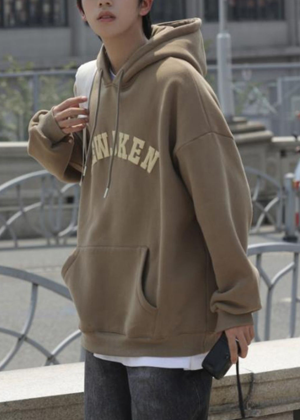 Khaki Letter Pockets Cotton Men Sweatshirts Hooded Spring YQ032