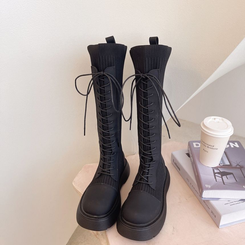 Panel Boots Knit Platform Lace-Up Tall