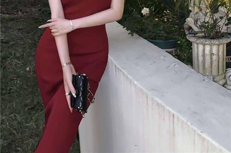 V-Neck Dress Plain Slim-Fit Sleeveless Halter