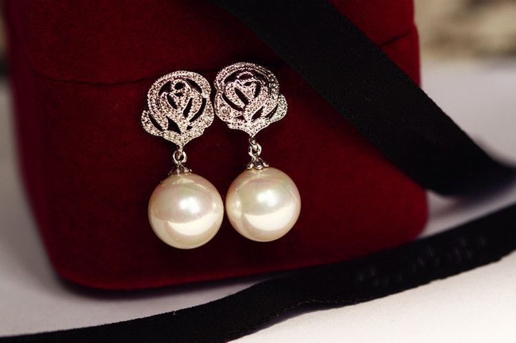 Pearl Earring Faux Dangle Rose Rhinestone