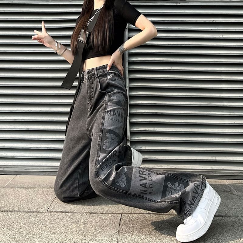 Print Jeans Graphic Waist High Baggy