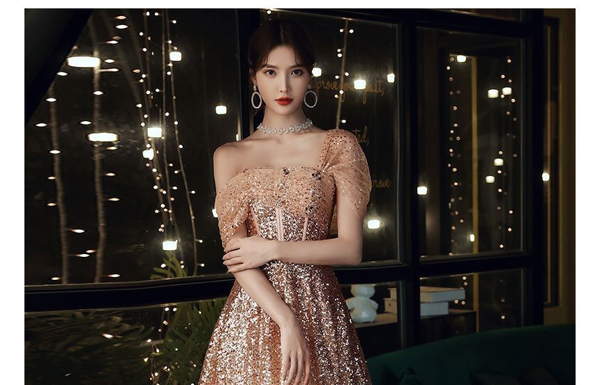 A-Line Sequin Evening Off-Shoulder Gown