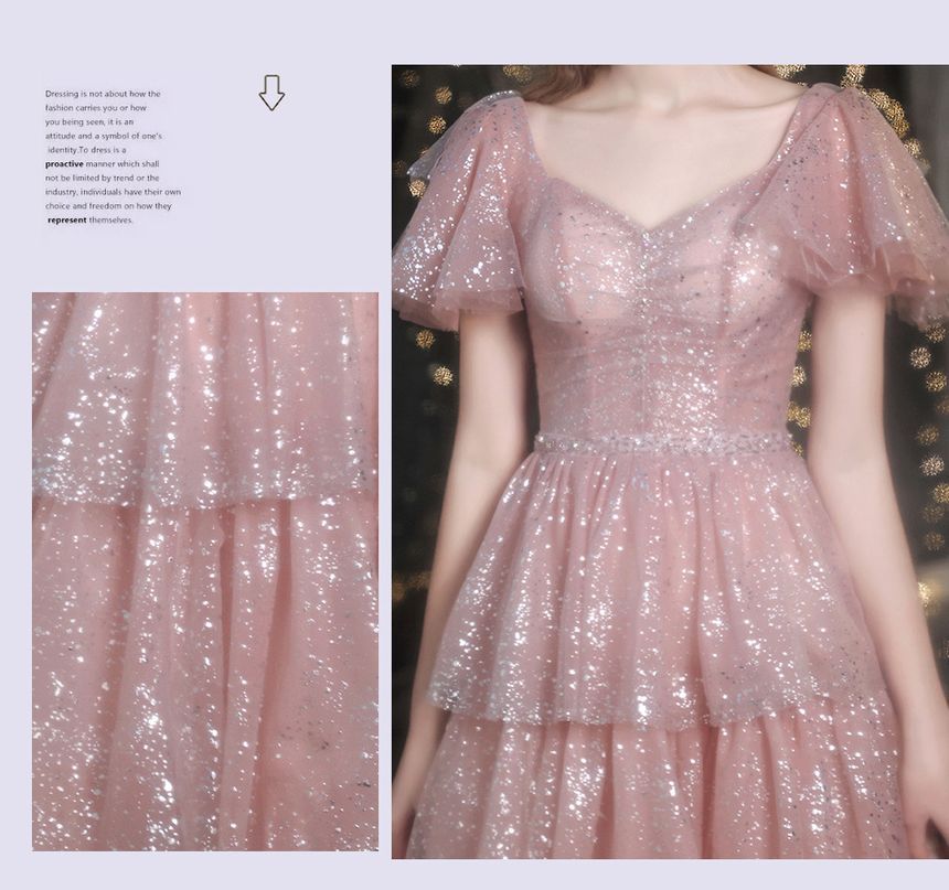 A-Line Sweetheart-Neckline Layered Gown Evening Sequined Short-Sleeve