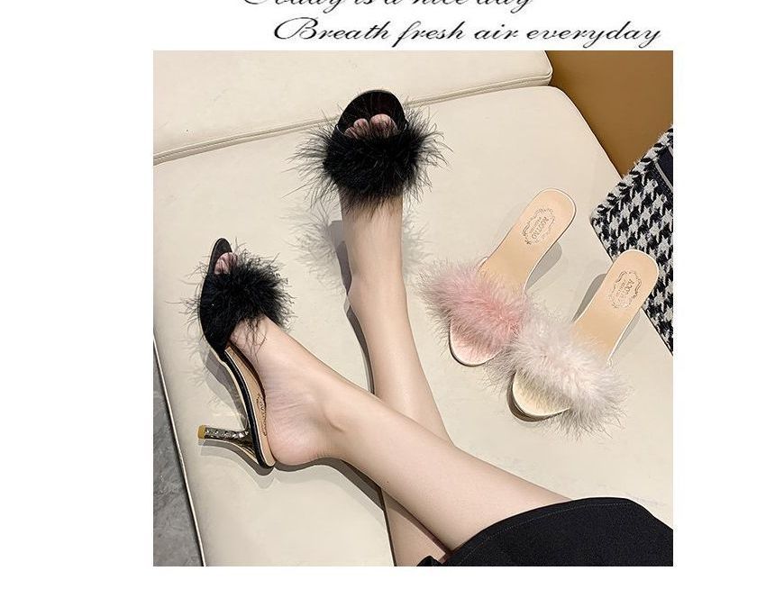 Slide High Heel Feather Sandals